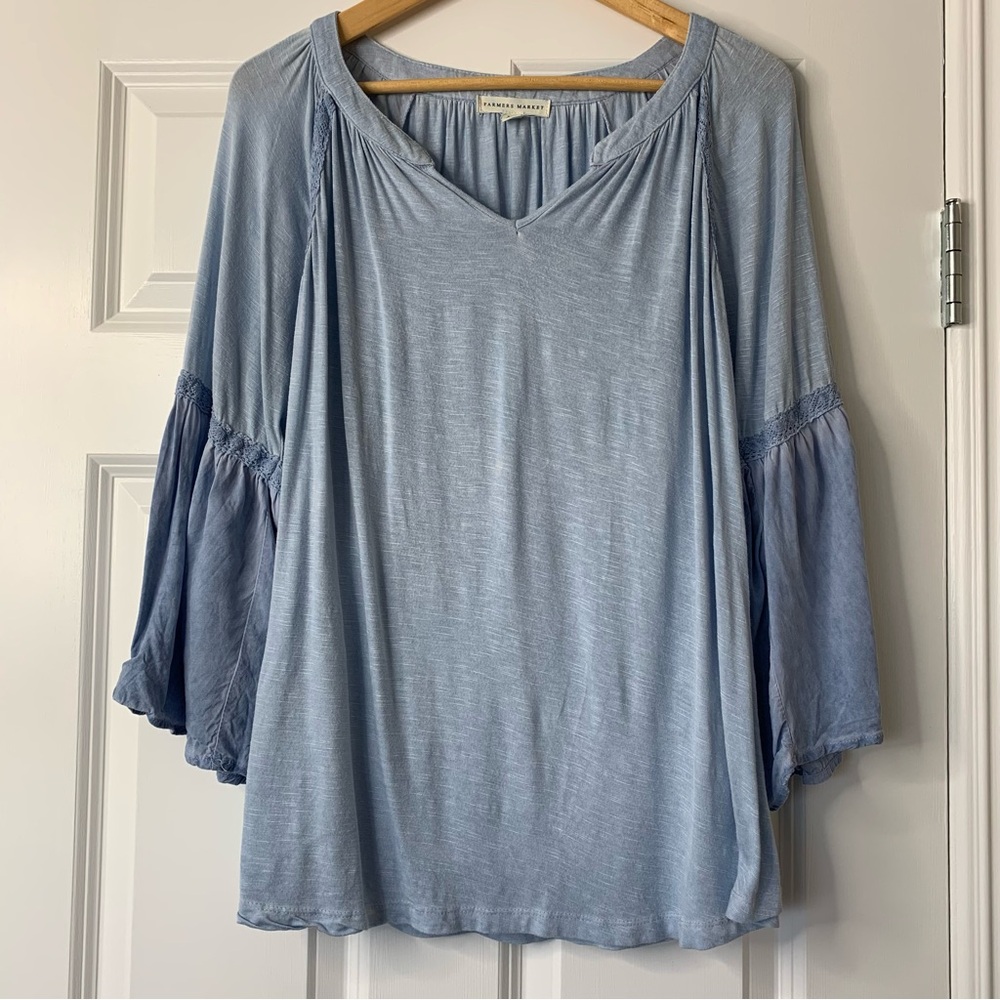 Farmers Market Soft Blue Blouse Bell Sleeves Lace Detailing Size XL